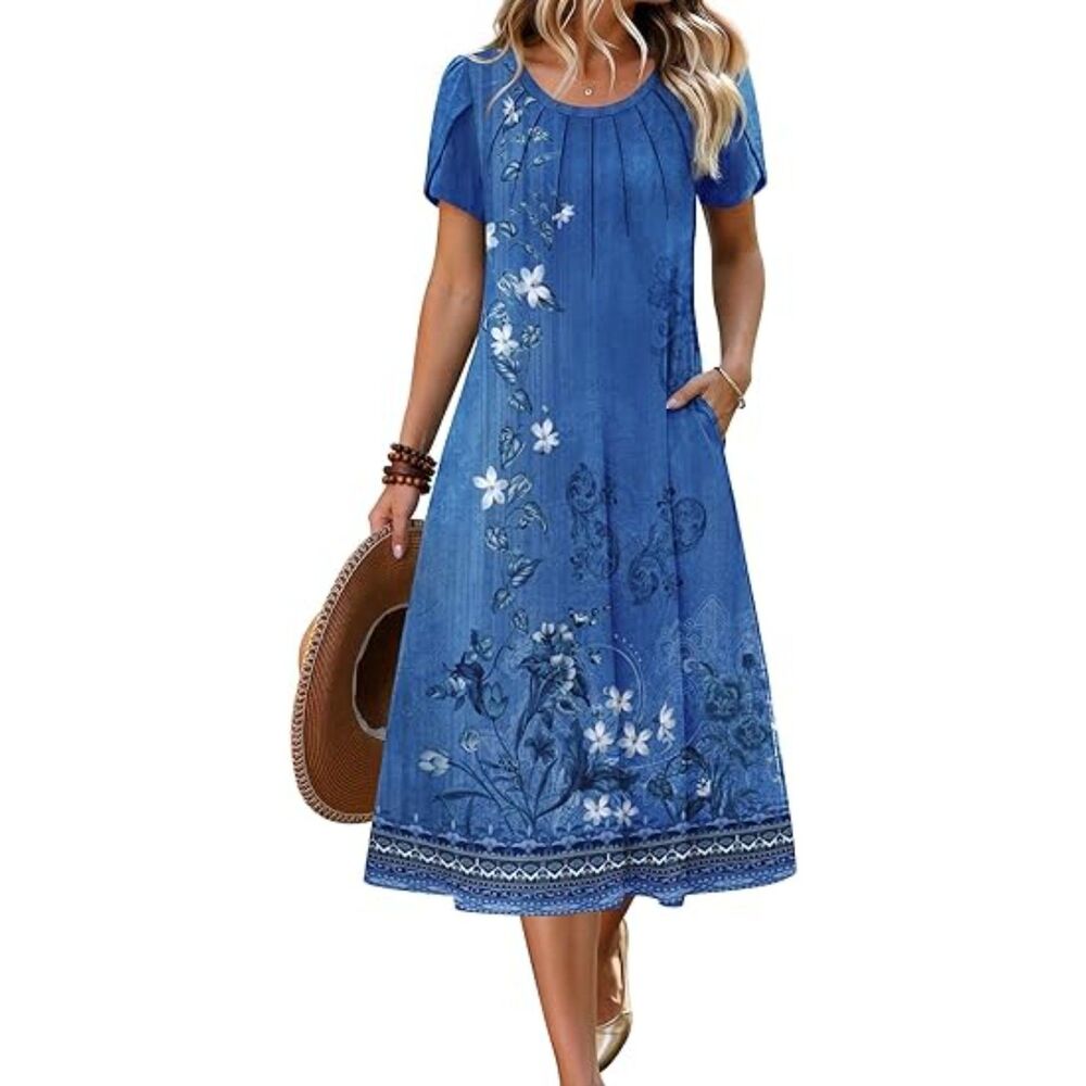 Women Boho Blue Floral Blend Crew Neck A Line Short Sleeve Midi Dress